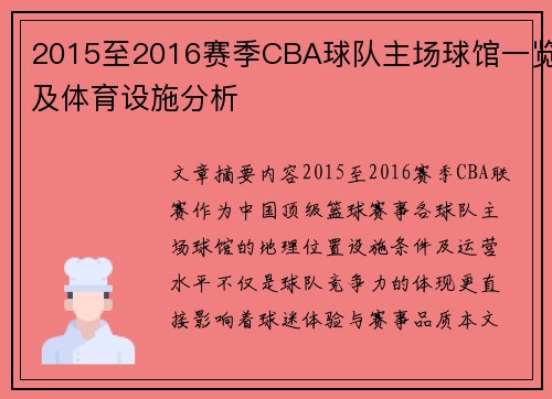 2015至2016赛季CBA球队主场球馆一览及体育设施分析