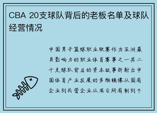 CBA 20支球队背后的老板名单及球队经营情况